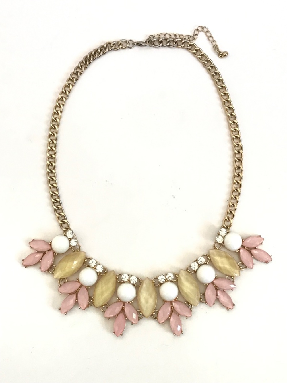 Statement Necklace Jewels in Pink Yellow and White Gold Tone Chain